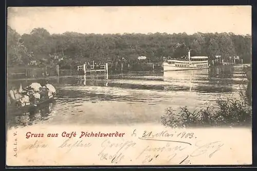 AK Berlin-Pichelswerder, Blick auf das Café mit Dampfer und Anleger