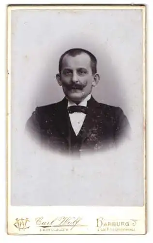 Fotografie Carl Wolf, Harburg, Am Kriegerdenkmal, Porträt eines Mannes mit Bart und Fliege