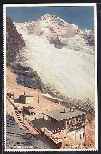 Künstler-AK Jungfraubahn, Blick auf die Station Eigergletscher