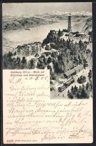AK Uetliberg, Bahnhof der Bergbahn mit Zürichse und Glarneralpen