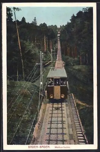 AK Baden-Baden, Merkurbahn mit Fahrgästen im Wald