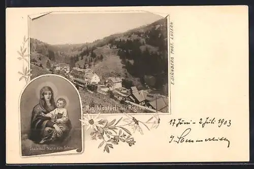 AK Rigiklösterle, Teilansicht mit Rigibahn, Gnadenbild Maria zum Schnee