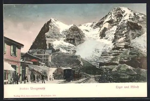 AK Wengeralp, Bahnhofsstation mit Blick zum Eiger und Mönch