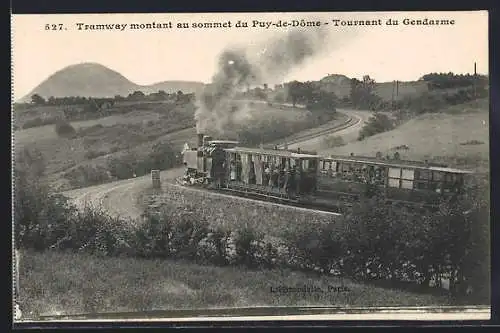 AK Puy-de-Dôme, Tramway montant au sommet, Tournant du Gendarme, Bergbahn