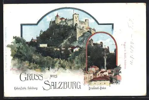 Künstler-AK Salzburg, Hohenfeste, Drahtseil-Bahn