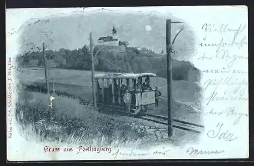 Mondschein-AK Pöstlingberg, Bergbahn, Im Hintergrund Kirche