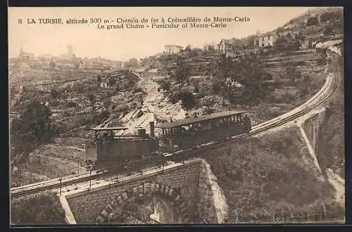 AK La Turbie, Chemin de fer à Crémaillère de Monte-Carlo, Le grand Cintre, Bergbahn