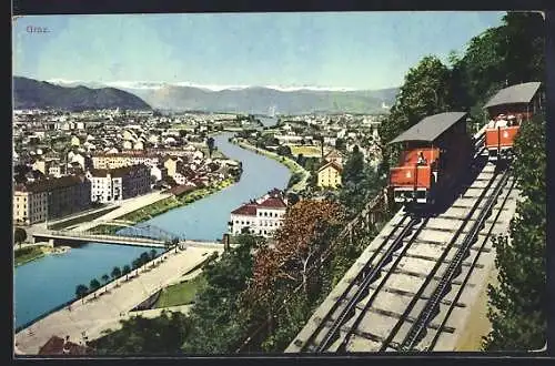 AK Graz, Schlossberg-Drahtseilbahn mit Ausblick gegen die Murenge