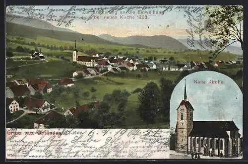 Lithographie Oeflingen, Gesamtansicht mit neuer Kirche