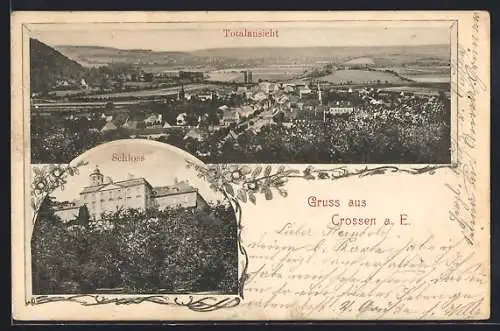 AK Crossen a. E., Totalansicht und Schloss im Passepartout
