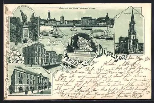 Lithographie Düsseldorf, Kunst-Akademie, Tonhalle, Johannis-Kirche