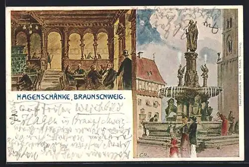 Lithographie Braunschweig, Hagenschänke, Brunnen
