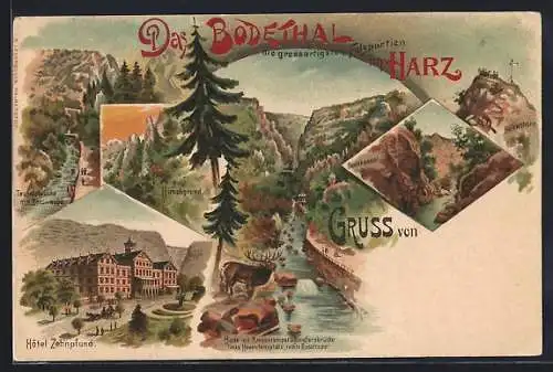 Lithographie Treseburg /Harz, Ortsansicht, Bodekessel und Teufelsbrücke im Bodethal