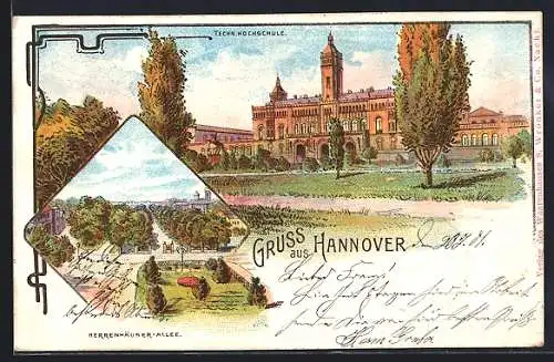 Lithographie Hannover, Blick auf Techn. Hochschule, Herrenhäuser-Allee