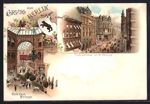 Lithographie Berlin, Café Keck-Passage, Friedrichstrasse mit Passage
