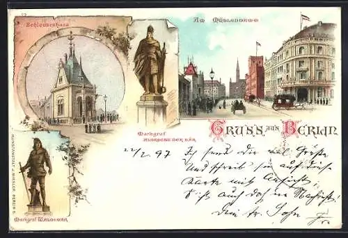 Lithographie Berlin, Am Mühlendamm, Strassenansicht, Schleusenhaus, Denkmal Markgraf Albrecht der Bär und Waldemar