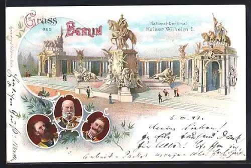 Lithographie Berlin, Friedrich Wilhelm III. von Preussen, National-Denkmal Kaiser Wilhelm I.