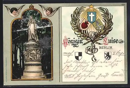 Lithographie Berlin-Tiergarten, Königin Luise Denkmal, Lorbeer-Kranz und Wappen