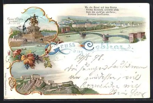 Lithographie Coblenz, Ansicht Kaiser Wilhelm Denkmal und Flusspartie