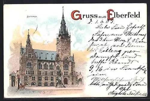 Lithographie Elberfeld, Blick auf das Rathaus