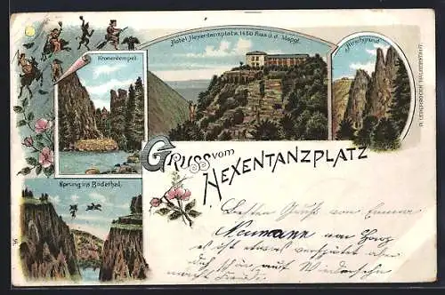 Lithographie Hexentanzplatz, Kronentempel, Hotel, Hirschgrund, Bodethal