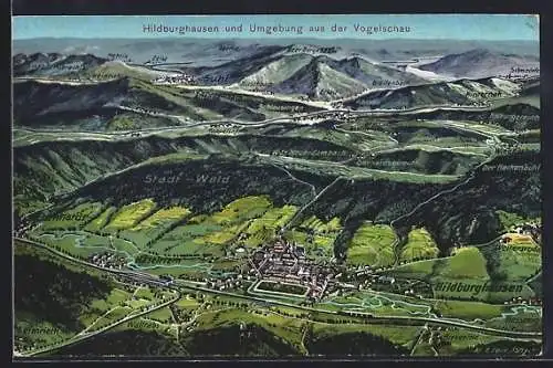 Künstler-AK Eugen Felle: Hildburghausen, Totalansicht und Umgebung aus der Vogelschau