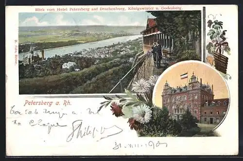 AK Petersberg a. Rh, Blick vom Hotel auf Drachenburg, Königswinter & Godesberg