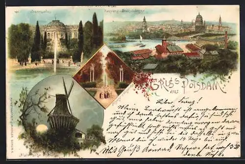 Lithographie Potsdam, Historische Mühle, Eingang n. Sanssouci, Schloss und Panorama v. Brauhausberg