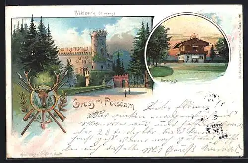 Lithographie Potsdam, Gasthaus Bayr. Haus und Eingang zum Wildpark