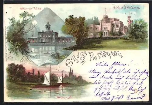 Lithographie Potsdam, Marmor-Palais, Schloss Babelsberg, Pfaueninsel