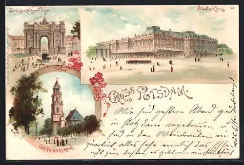 Lithographie Potsdam, Garnisonkirche, Stadtschloss, Brandenburger Thor, Blumenverzierung