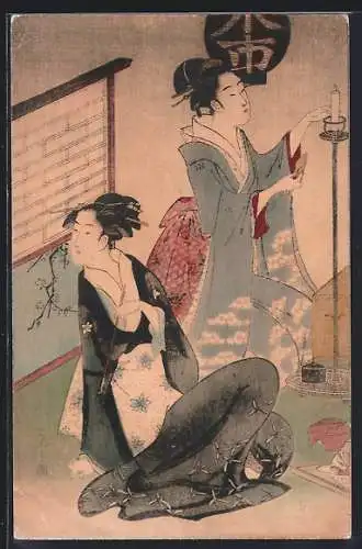 AK Zwei Japanerinnen mit Kerzenständer in einem Zimmer