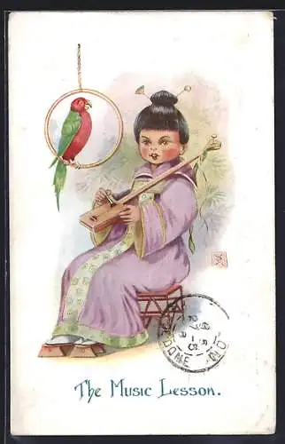 AK The Music Lesson, Europäerin im Geishakostüm mit Instrument und Papagei