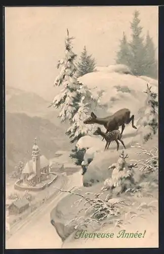 Künstler-AK R. Ulreich: Rehe auf einem Felsen und Kirche im Winter, Neujahrsgruss