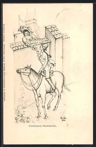 Künstler-AK H. Starkloff: Postboten-Romantik, Postillon und Dame an der Stadtmauer