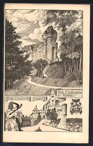 Künstler-AK Ulf Seidl: Liechtenstein bei Mödling, Veste Liechtenstein, Burghof