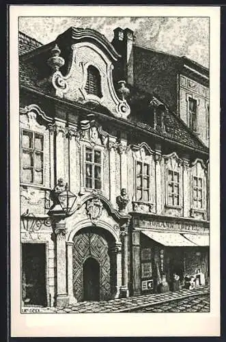 Künstler-AK Ulf Seidl: Wien, Blick auf Wohnhaus, Johann Töpfel-Geschäft