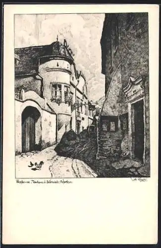 Künstler-AK Ulf Seidl: Dürnstein, Strasse und Rathaus