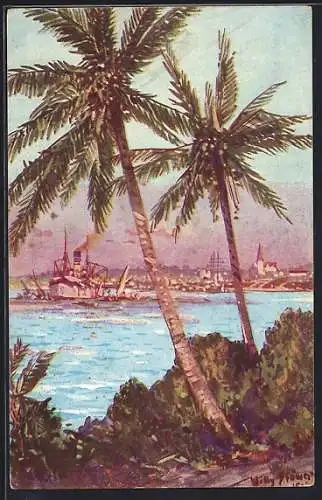 Künstler-AK Stoewer: Daressalam, Segelschiff und Dampfer im Hafen