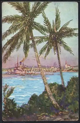 Künstler-AK Stoewer: Daressalam, Segelschiff und Dampfer im Hafen