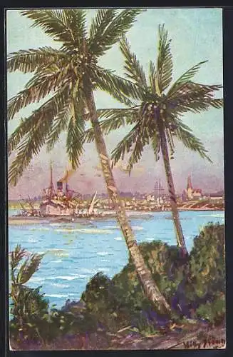 Künstler-AK Stoewer: Daressalam, Segelschiff und Dampfer im Hafen