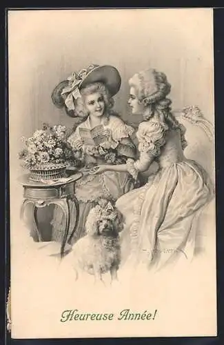 Künstler-AK H. Schubert: Zwei Fräuleins mit einem Pudel, Neujahrsgruss