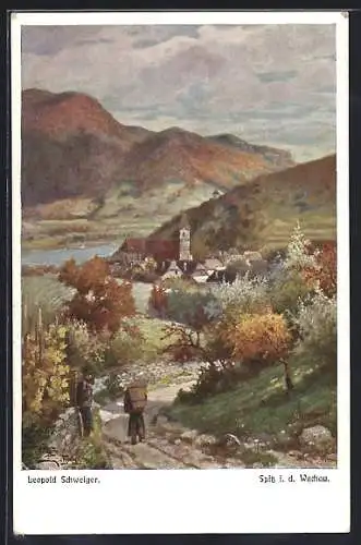 Künstler-AK Leopold Schweiger: Spitz i. d. Wachau, Ortsansicht aus der Vogelschau