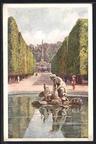 Künstler-AK Rudolf Schmidt: Wien-Schönbrunn, Denkmal mit Teich