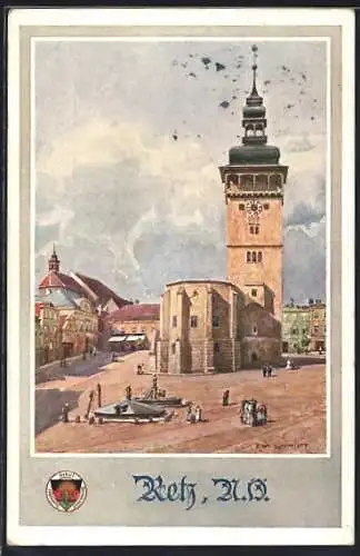 Künstler-AK Retz, Platz an der Kirche, Deutscher Schulverein
