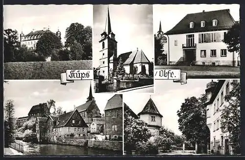 AK Küps /Obfr., Die Kirche, Flusspartie mit Brücke, Das Schloss
