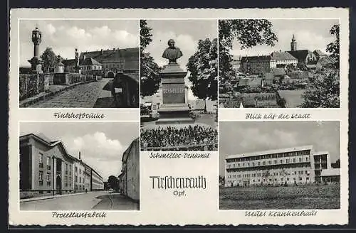 AK Tirschenreuth, Porzellanfabrik, Schmeller-Denkmal, Neues Krankenhaus