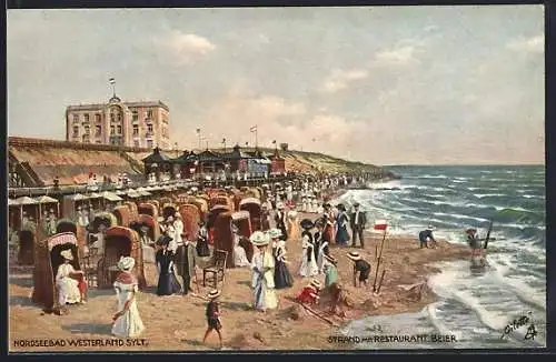 Künstler-AK Westerland, Strand mit Restaurant Beier