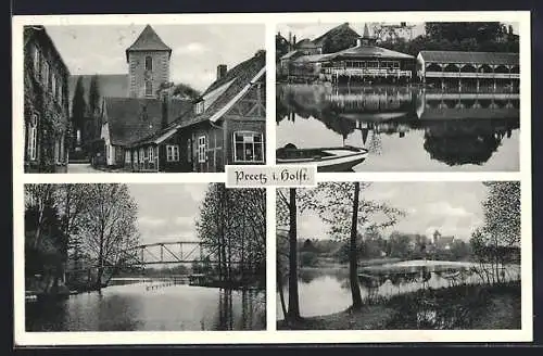 AK Preetz i. Holst., Strassenpartie, Brücke, Uferpartie