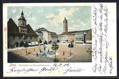 AK Jena, Marktplatz mit Bismarckbrunnen